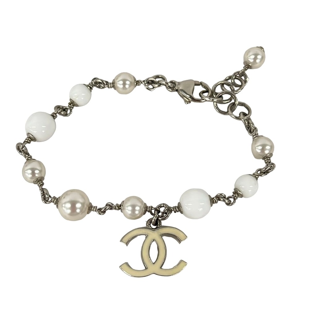 Chanel Coco Bracelet Silver White Hardware Faux Pearl